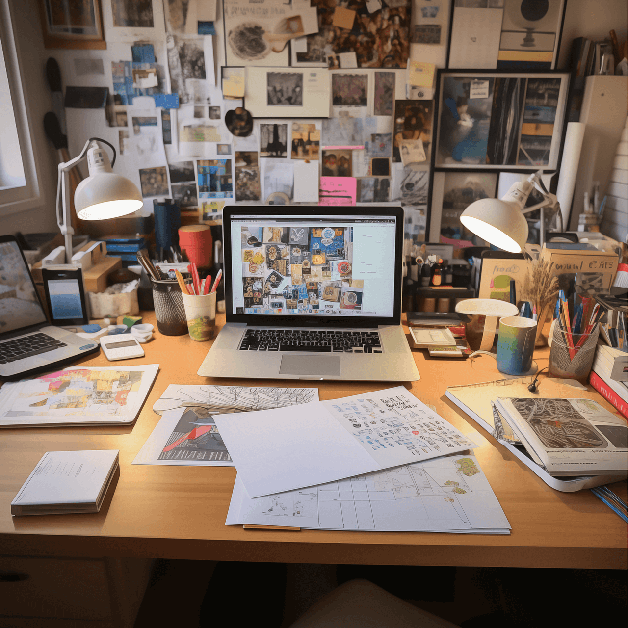 Kreativt skrivbord med laptop, skisser och färgprover – symbol för kreatörens arbete med att planera och skapa innehåll med hjälp av digitala verktyg.